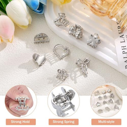 CWJCYTNSN 16PCS Small Metal Hair Claw Clips, Silver Mini Hair Clips for Thin Thick Hair, Cute Tiny Hair Clips, Little Flower Hair Jaw Clamps, Nonslip Bangs Pins Hair Accessories for Women Girls - color: Silver