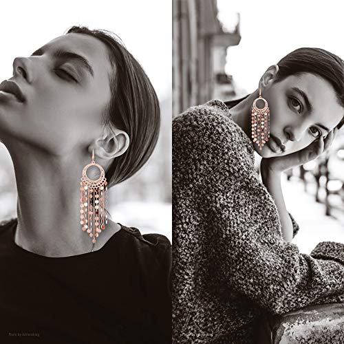 Bohemian Boho Tassel Dangle Drop Earrings for Women – Lightweight Filigree Gypsy Coin Chandelier Disc Charm Hoops – included Gift Box - style: Round - Rose Gold