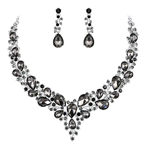 Women's Wedding Statement Necklace Dangle Earring Jewelry | Austrian Crystal Teardrop Cluster,Necklaces Earrings Set for Bride Bridesmaid,Prom Accessories - color: 08-Grey Black Silver-Tone