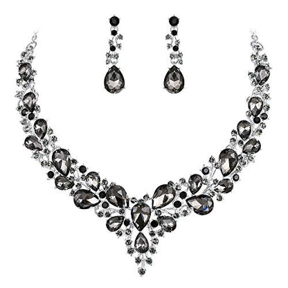 Women's Wedding Statement Necklace Dangle Earring Jewelry | Austrian Crystal Teardrop Cluster,Necklaces Earrings Set for Bride Bridesmaid,Prom Accessories - color: 08-Grey Black Silver-Tone