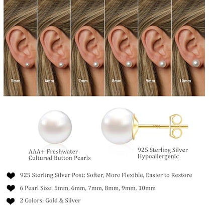 WFYOU Pearl Earrings for Women 925 Sterling Silver Stud Earring | 14K Gold Plated Hypoallergenic Stud Earrings, White Diamond Dainty Bridal Earring, Trendy Jewelry, Wedding Party Gifts - color: Gold A, size: 5mm