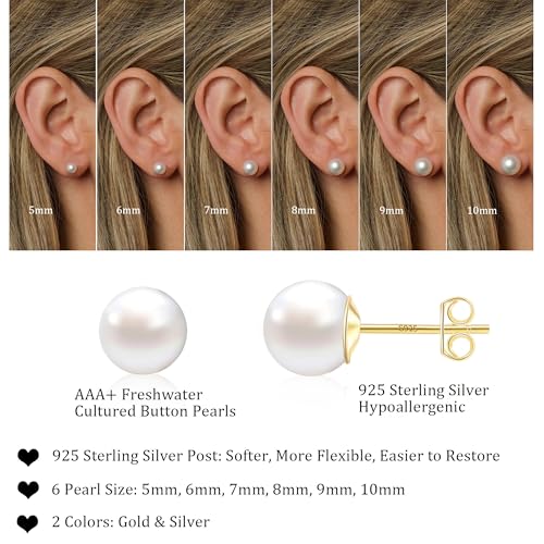 WFYOU Pearl Earrings for Women 925 Sterling Silver Stud Earring | 14K Gold Plated Hypoallergenic Stud Earrings, White Diamond Dainty Bridal Earring, Trendy Jewelry, Wedding Party Gifts - color: Gold A, size: 9mm