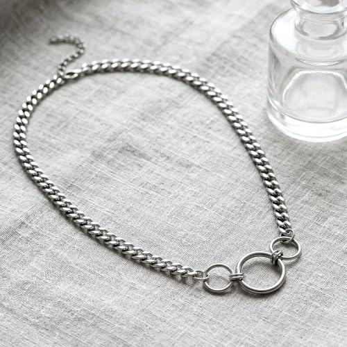Stainless Steel O-Ring Choker Collar for Women, Silver Collar Necklace | Cuban Link Chain Collar Necklace for Women, Adjustable Length 14 to 17 Inches, 8mm Width, 20mm Large O-Ring Collar for Women