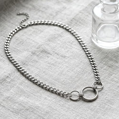 Stainless Steel O-Ring Choker Collar for Women, Silver Collar Necklace | Cuban Link Chain Collar Necklace for Women, Adjustable Length 14 to 17 Inches, 8mm Width, 20mm Large O-Ring Collar for Women