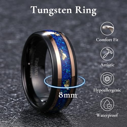 King Will Black Tungsten Rings for Men Hammer Wedding Band | Black, Grooved, Hammer Wedding Band Gold Groove, Sand Inlay, Everyday Wear - color: Blue Green Opal & Golden Foil