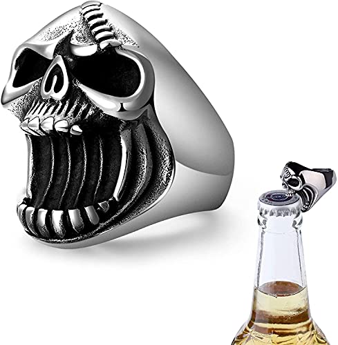 LAOYOU Skull Ring for Men | Mens Stainless Steel Vintage Skull Bottle Opener Rings, Big Solid Heavy Gothic Biker Ring Christmas Halloween Jewelry Gifts