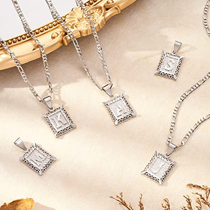 KissYan Initial Necklaces for Women Men | 14K Gold Filled/White Gold Plated, Square Letter Capital Monogram Pendant with 20''+2'' Figaro Chain, Alphabets from A-Z - color: 2-Silver, style: G