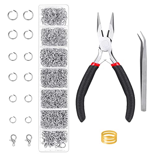 Open Jump Rings, 1500 pcs Jump Rings and Lobster Clasps Jewelry Finding Kit Jewelry Making Tools with Pliers Tweezers for Jewelry Making Necklace Repair - color: White K