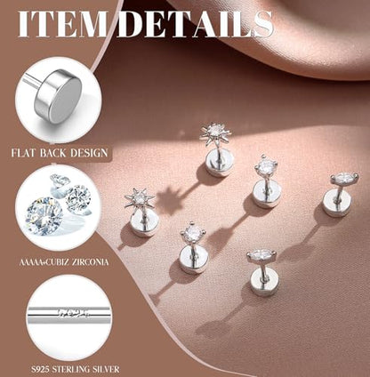 14K Gold Plated 925 Sterling Silver Flat Back Earrings Set | Hypoallergenic Cartilage Helix Conch Tragus Piercing Jewelry 3 Pairs Small Screw Dainty CZ Opal Earring Set Men Women - color: Silver, Style B