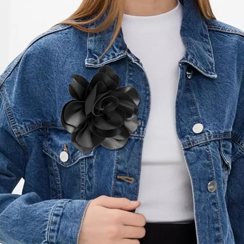 2Pack 6inch Extra Large Satin Brooches Lapel Pins Dainty Elegant Fabric Camellia Rose Flower Brooch Pin for Women Wedding Part Dance Clothes Accessories Jewelry - color: Black