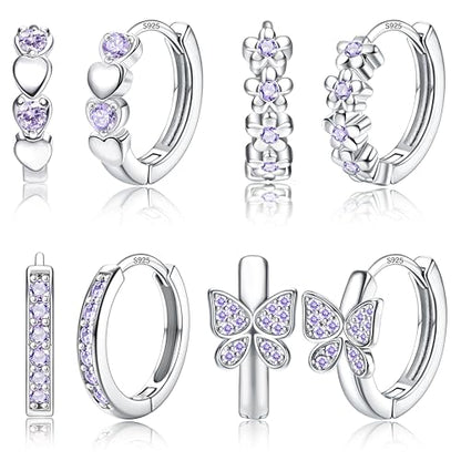 925 Sterling Silver Post Small Hoop Earrings For Girls - Hypoallergenic Huggie Earrings for Women Cute Heart Flowers Butterfly Star Cubic Zirconia Cartilage Earrings For Sensitive Ears 4Pairs - color: Purple