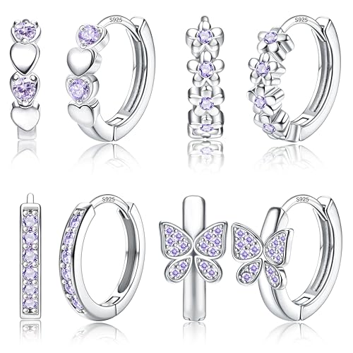 925 Sterling Silver Post Small Hoop Earrings For Girls - Hypoallergenic Huggie Earrings for Women Cute Heart Flowers Butterfly Star Cubic Zirconia Cartilage Earrings For Sensitive Ears 4Pairs - color: Purple