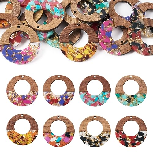 FASHEWELRY Resin Wooden Pendants Vintage Bohemian Resin Wood Statement Oval Teardrop Rectangle Colorful Geometric Blank Pendant Boho Dangle Charms for DIY Necklace Earring Crafts Jewelry Making - color: Gold Foil, Donut Round