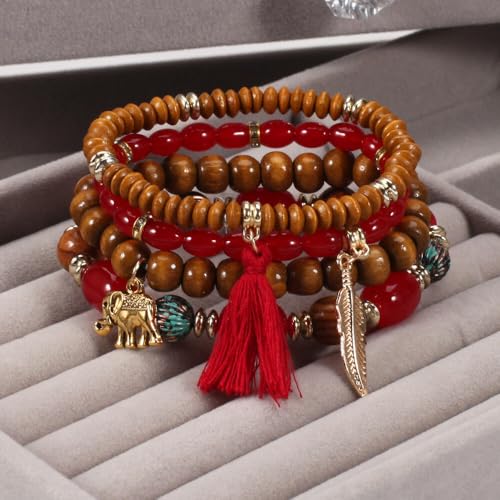 4Pcs Bohemia Multilayer Stackable Elephant Leaf Tassel Bracelets Colorful Wooden Resin Beaded Stretch Bracelets for Women Men Summer Beach Boho Vacation Hawaii Jewelry Gifts - style: StyleF