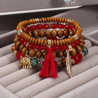 4Pcs Bohemia Multilayer Stackable Elephant Leaf Tassel Bracelets Colorful Wooden Resin Beaded Stretch Bracelets for Women Men Summer Beach Boho Vacation Hawaii Jewelry Gifts - style: StyleF