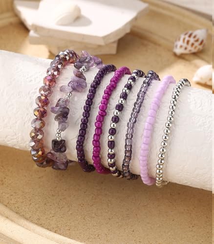 Noessla Boho Beaded Bracelets for Women Stackable Irregular Natural Stone Bead Stretch Bracelet Set 8PCS Costume Jewelry Gifts for Her - color: Purple