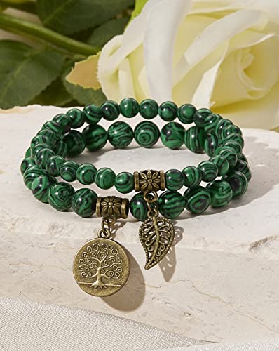Bivei Natural Semi Precious Gemstone beads bracelet for women - Life Tree and Leaf Charm Energy Reiki Crystal Stretch Bracelets - color: Malachite Bracelet Set, size: Medium:6.8-7.24inch
