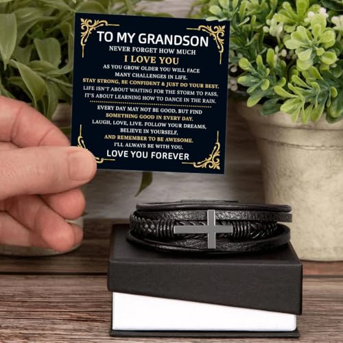 To My GrandSon Bracelet – Cross Braided Leather Bracelet, Meaningful GrandSon Gift from Grandpa & Grandma with Heartfelt Message Card & Elegant Gift Box for Birthday, Christmas, Graduation - color: Version#8