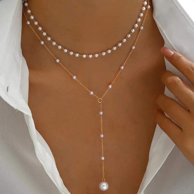Gold Lariat Necklace for Women Layered Pearl Lariat Necklace Sun Y-shaped Dangle Dainty Long Beaded Cz Chain Drop Minimalist Lasso Jewelry Accessories