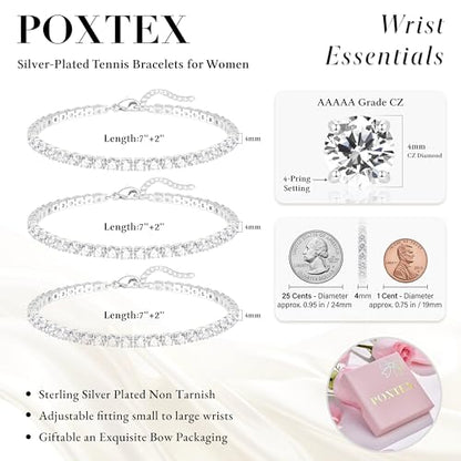 925 Sterling Silver Bracelets for Women Stack, Trendy Tennis Bangle Cuff Jewelry Set 14K Gold Plated, Adjustable Bracelet Set for Wrist Essentials, Women Fashion Watch Band Acecessories - style: Bracelet_3pcs(Silver Tennis Set 4mm)