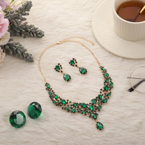 Hicarer Bridal Teardrop Cluster Crystal Jewelry Set for Women Necklace Earrings Wedding - color: Dark Green