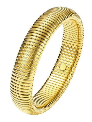 KeyStyle Bangle Bracelets For Women, Stainless Steel Stretch Bracelet Wide | 14K Gold/Rose Gold/Black/Silver Plated Flexible Wide Twisted Link Chain Wristband Jewelry, 10Mm, 16Mm, 20Mm - color: 16mm - Gold