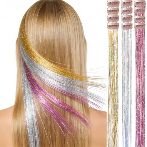 CELINABELLA Clip In Hair Tinsel 12 Pack 3 Colors 4 Pcs Each Mixed Gold Silver Fuchsia 23 Inch 70 Strands Heat Resistant 320°F Invisible Clips For Women Teens Wedding Party Prom Birthday - color: Gold-Silver-Pink