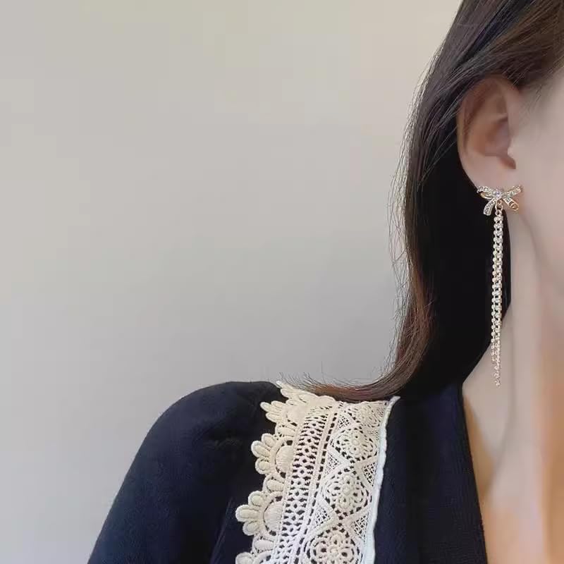 Gold Bow Earrings for Women, Long Tassel Chain Drop Earrings, Trendy Small Bow Earrings, Ribbon Waterfall Dangling Earrings, Pearl Bow Earrings, Sparkly Elegant Bowknot Preppy Jewelry Gifts for Women - color: Gold Bow-N