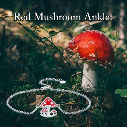 925 Sterling Silver Anklet Foot Bracelet with Crystal from Austria, Anklet Jewelry Gifts for Women 11 Inch Adjustable - style: Mushroom