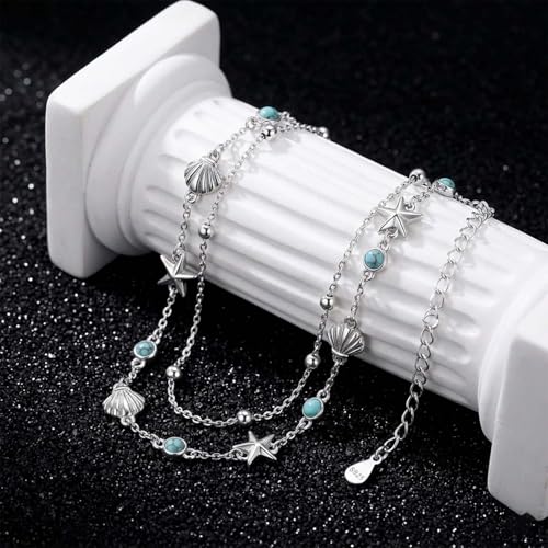 Midir&Etain Beach Anklet Sterling Silver Ocean Layered Rosary Anklet Turquoise Bracelet Double Chain Jewelry Summer Vacation Gift for Women Her - color: Starfish