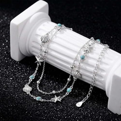 Midir&Etain Beach Anklet Sterling Silver Ocean Layered Rosary Anklet Turquoise Bracelet Double Chain Jewelry Summer Vacation Gift for Women Her - color: Starfish