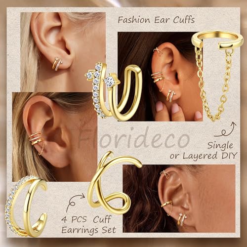 Florideco 4 PCS Ear Cuffs Non Piercing Hypoallergenic 14K Gold Plated Ear Cuff Earrings for Women Trendy CZ Clip On Cartilage Earring Set Dainty Adjustable Fake Piercings Earrings - color: Classic: 14K Gold Plated