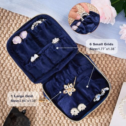 Travel Jewelry Pouch, Double-Layer Velvet Jewelry Organizer with Zipper | Soft velvet jewelry pouch with flexible storage, 7 grids & 4 compartments, lightweight, compact and easy to carry for travel