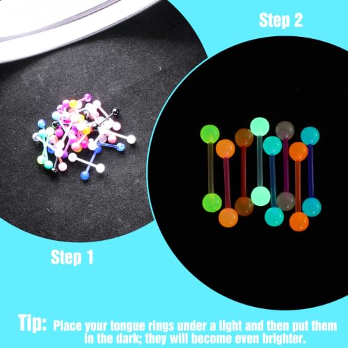 48Pcs Tongue Piercing Jewelry 14G Glow in Dark Acrylic Straight Tongue Rings Flexible Tongues Barbell Candy Color Tongues Rings for Women Men