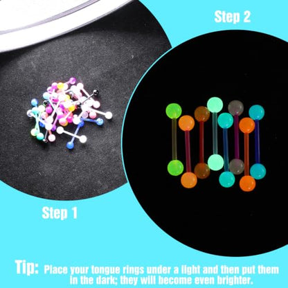 48Pcs Tongue Piercing Jewelry 14G Glow in Dark Acrylic Straight Tongue Rings Flexible Tongues Barbell Candy Color Tongues Rings for Women Men