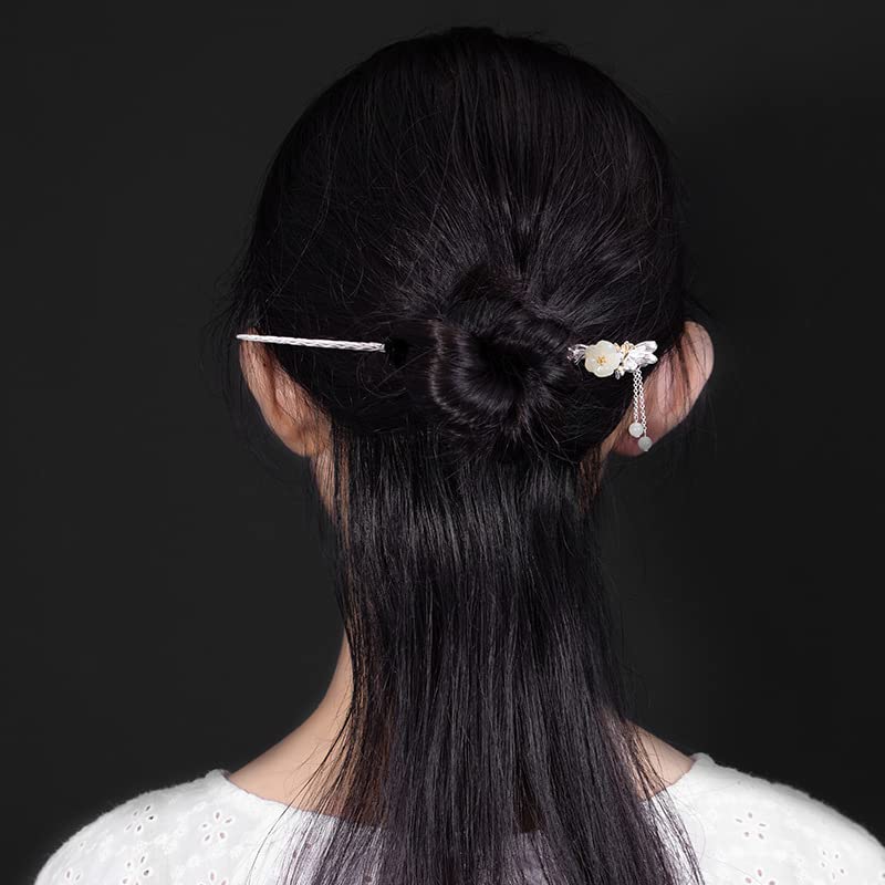 Hotan Jade S925 Silver Plated Hairpin Butterfly with Pearl and Plum Blossom Chinese Hanfu Style Hair Sticks Retro Handmade Hair Clip Hair Accessories for Women Girls Long Hair (Hotan Jade) - color: Hotan Jade
