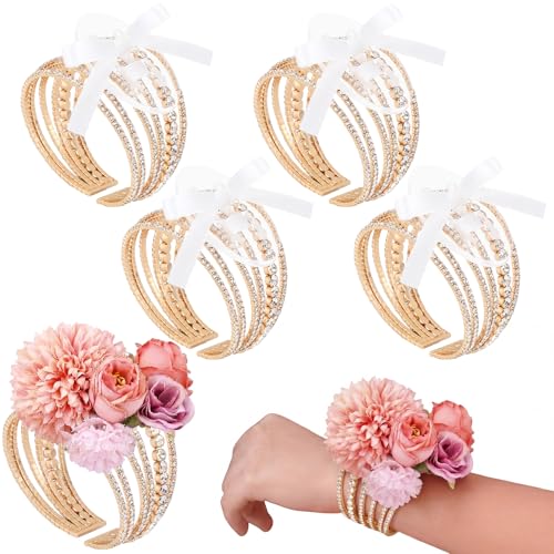 Hotop 4 Set Rhinestone Gold Corsage Wrist Bracelet Bands Bride Bracelet Adjustable Wrist Corsage DIY Wedding Wristband Accessory for Bridal Party Prom - color: Gold, style: Rhinestone
