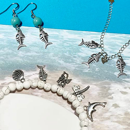 Heather's cf Silver Sea Charms – Antique Pendants, Non-Tarnish, Lead-Free & Nickel-Free, Bulk Ocean Animal Charms for DIY Jewelry, Bracelets, Necklaces, Earrings, Beach Craft Supplies (Sea Animals) - color: Fishbone - 140 Pc