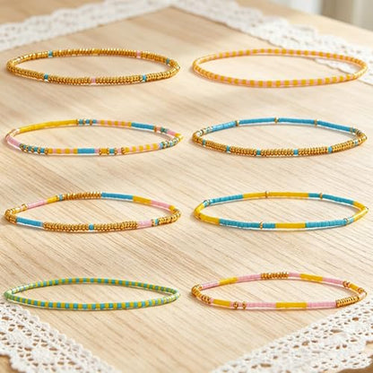 Colorful Stackable Rice Small Mini Seed Beaded Bracelets Set For Women, Handmade Dainty Boho Gold Glass Stretch Accessories Jewelry,Summer Beach Party Daily Friendship Gift - color: 8Pcs Blue Yellow