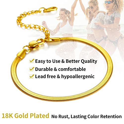 ChainsHouse Stainless Steel Herringbone Flat Chain Bracelets for Women,18K Gold/Rose Gold/Black Metal Paperclip/Snake/Cuban/Figaro Sterling Silver Link Charm Bracelet, 16+5cm Adjustable, With Gift Box - color: f. herringbone-gold-3mm