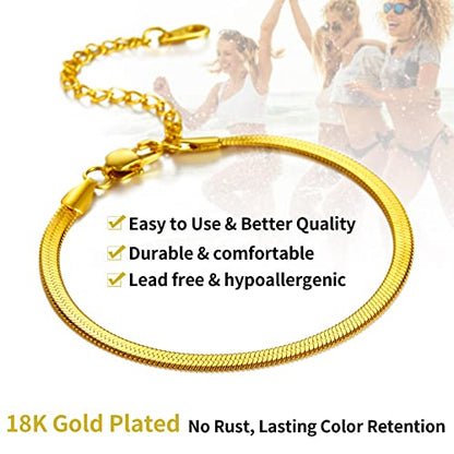 ChainsHouse Stainless Steel Herringbone Flat Chain Bracelets for Women,18K Gold/Rose Gold/Black Metal Paperclip/Snake/Cuban/Figaro Sterling Silver Link Charm Bracelet, 16+5cm Adjustable, With Gift Box - color: f. herringbone-gold-3mm