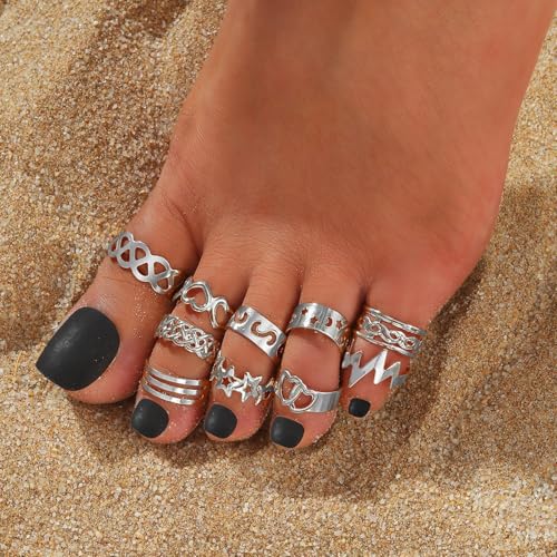12PCS Toe Rings for Women 14K Gold/Silver Plated Adjustable Toe Ring Set Open Heart Arrow Infinity Rings Beach Foot Jewelry for Summer - color: Silver2