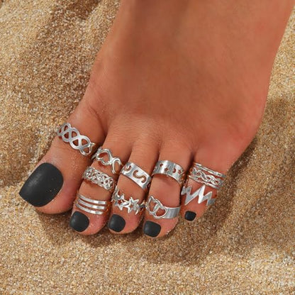 12PCS Toe Rings for Women 14K Gold/Silver Plated Adjustable Toe Ring Set Open Heart Arrow Infinity Rings Beach Foot Jewelry for Summer - color: Silver2