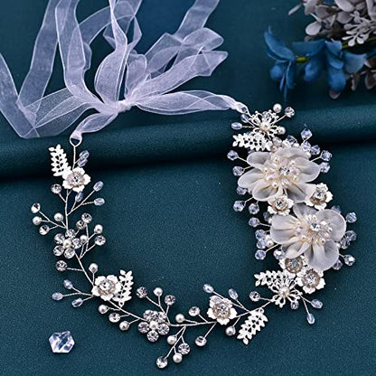 Bride Wedding Headband, Bridal Headpiece, Crystal Pearl Hair Tiara, Rhinestone Bridesmaids Hair Jewelry for Women Party | Ribbon-Tie Design, Faux Pearl Accents And Layered Flowers For Brides And Bridesmaids