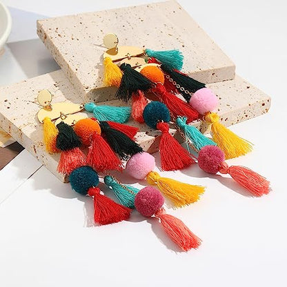 Boho Earrings for Women Long Tassel Dangle Statement Earrings Handmade Bohemian Jewelry Beach Vacation Essentials