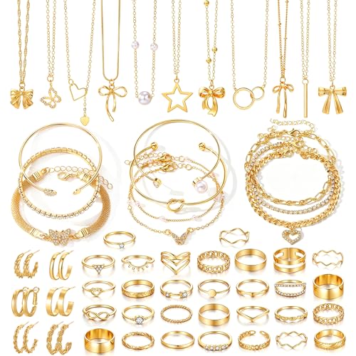 57 Pcs Gold Jewelry Set for Women,12 Pair Hoop Earrings，18 Pair Round Stud Earrings,21 Pcs Stackable Knuckle Rings,6 Pcs MultiLayer Pendant Necklaces，Fashion Accessories for women Gifts - style: Style 3
