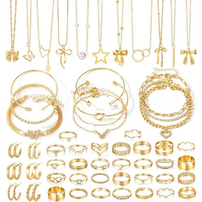 57 Pcs Gold Jewelry Set for Women,12 Pair Hoop Earrings，18 Pair Round Stud Earrings,21 Pcs Stackable Knuckle Rings,6 Pcs MultiLayer Pendant Necklaces，Fashion Accessories for women Gifts - style: Style 3