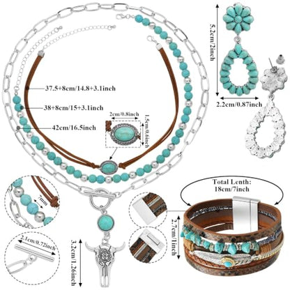 RechicGu Western Jewelry For Women Bohemian Turquoise Dangle Earrings Necklace Bracelet Set, Bullhead Pendant Layered Choker Boho Faux Leather Wristband Country Concert Cowgirl Accessories - color: Jewelry Set B