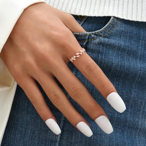 Gold Rings Non Tarnish Silver Adjustable Rings for Women Cubic Zirconia Leaf Ring Dainty Silver Stackable Ring for Women - style: rose gold