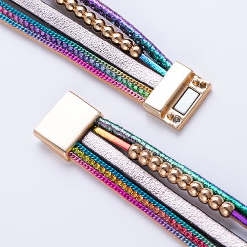 Chunky Boho Leather Wrap Bracelets Cowgirl Beaded Circle Western Jewelry | Stackable Infinity Layered Bohemian Magnetic Clasp Cuff Statement Fashion Colorful Country Hippie Outfits for Women Trendy - color: Rainbow